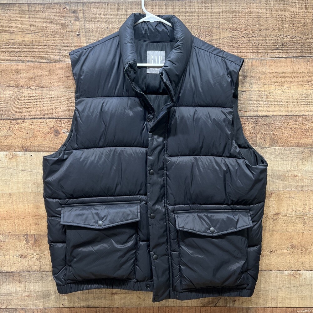 Gap Mens Black Button Up/Zip Up Puffer Vest Polyester Warm Black Size XL